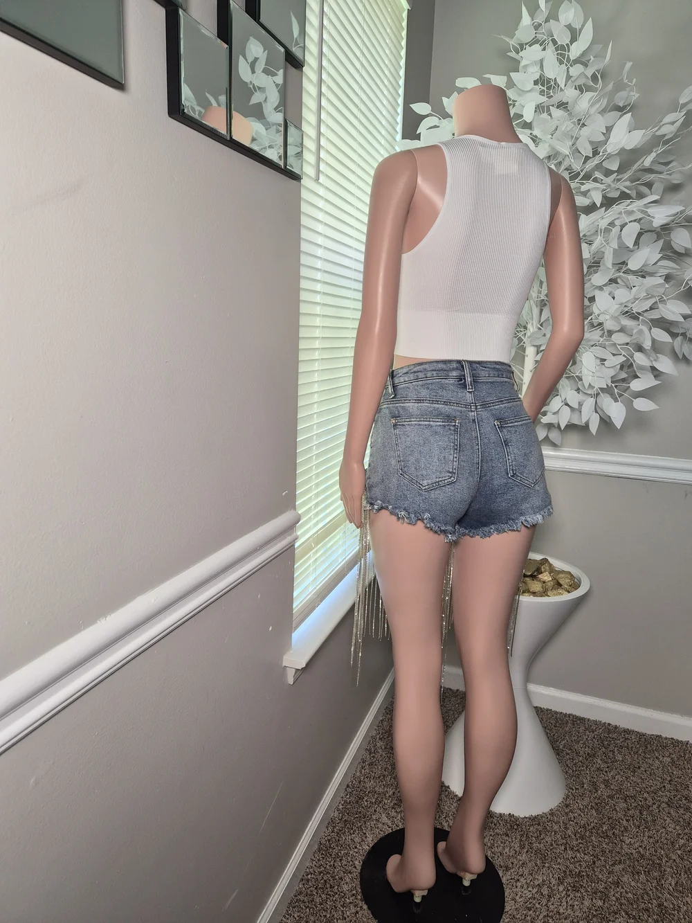 Denim Fringe Chain Cutoff Shorts - Light Blue